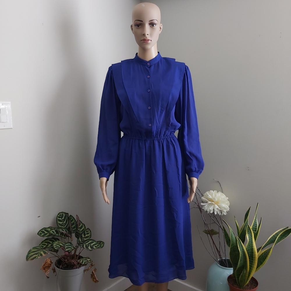 80s Vintage Rouie midi dress long sleeves preacher collar royal blue